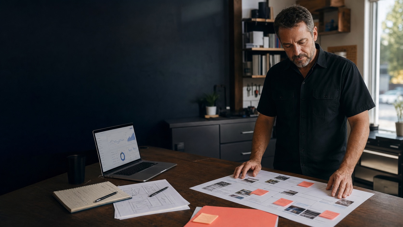 Local business owner planning landing page, tracking, and campaign systems before launching Meta ads
