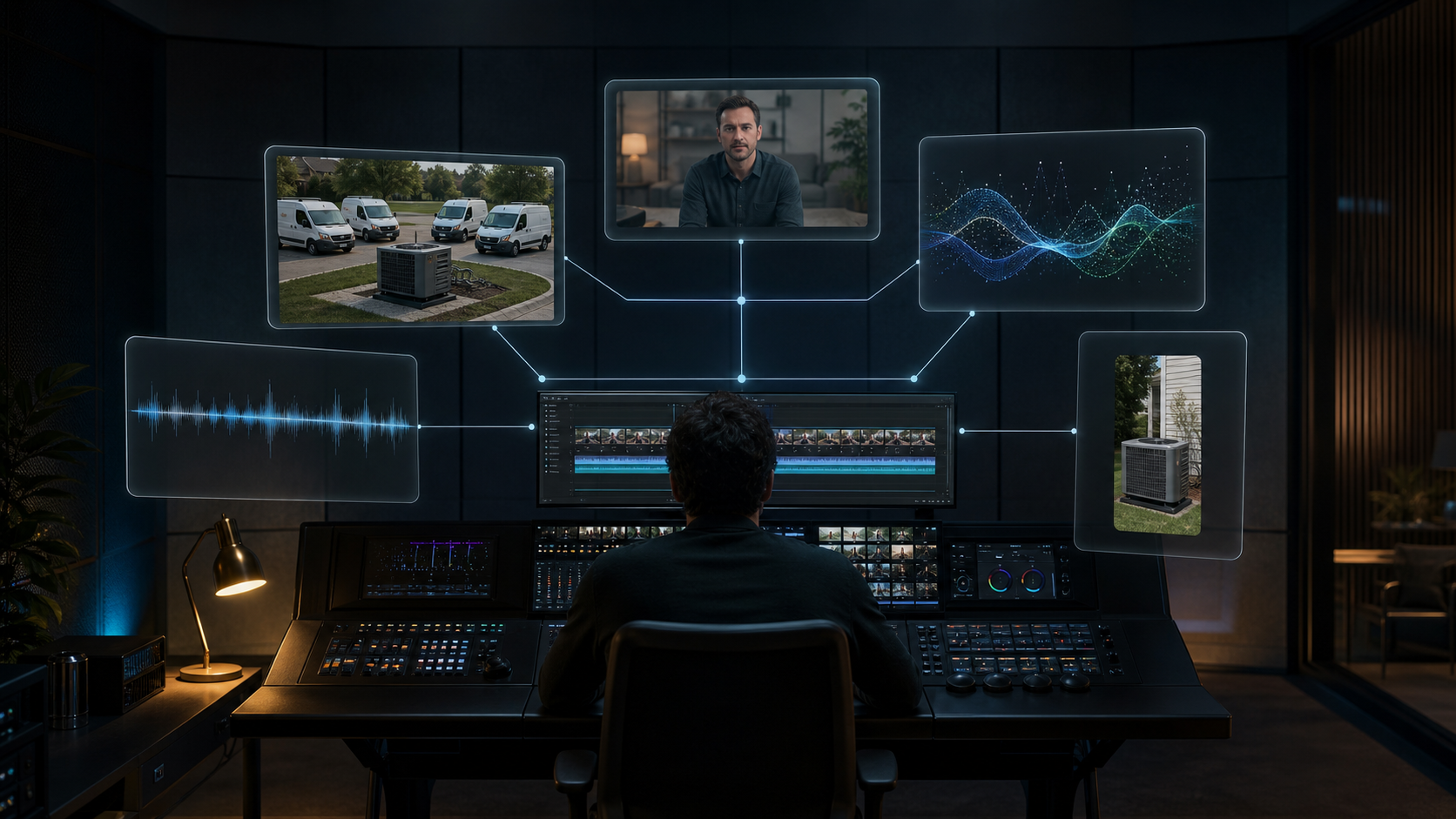 A creative director at an editing console orchestrates founder footage, HVAC visual inserts, audio, and a vertical social-video preview.