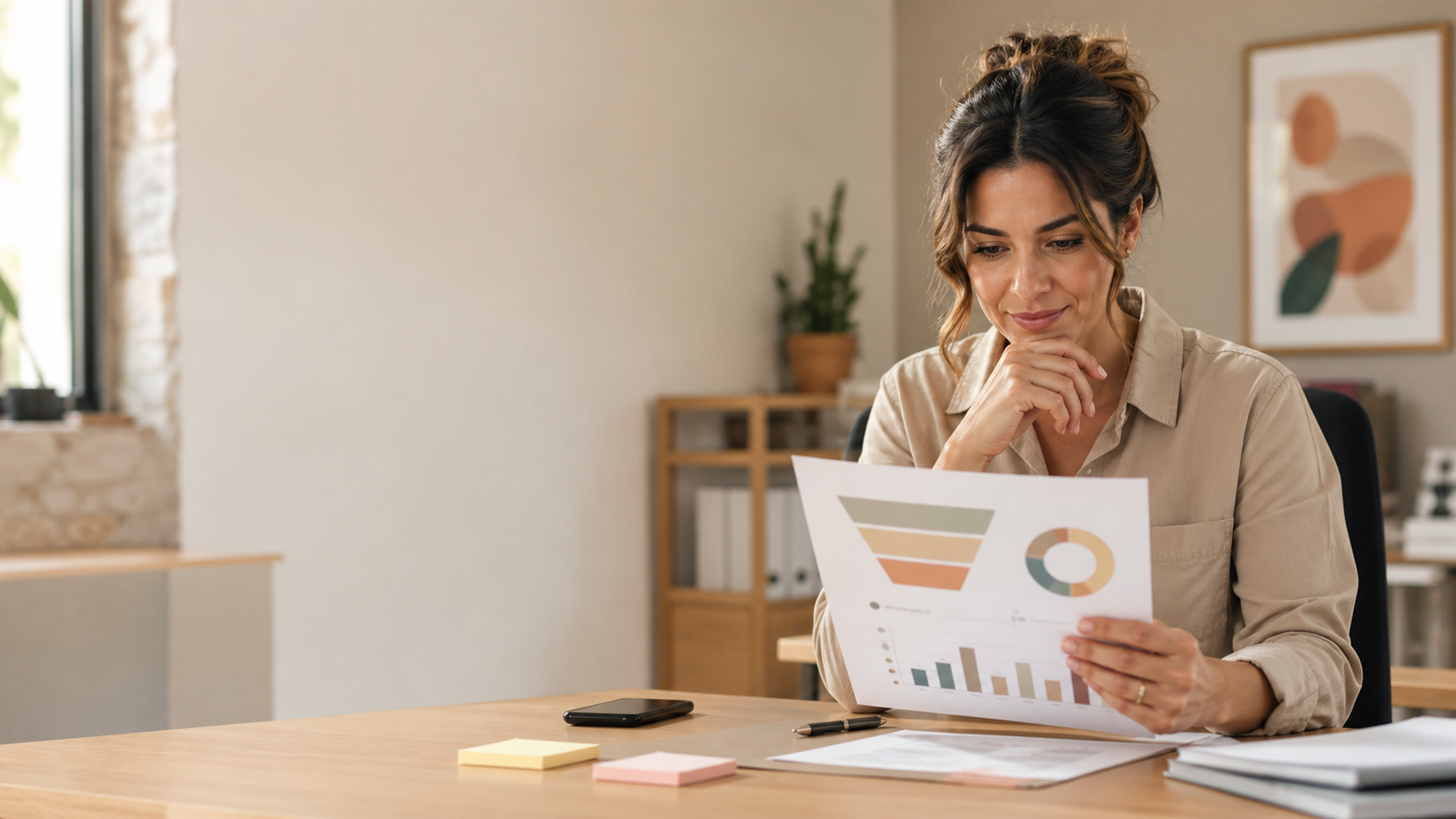 Small business owner reviewing a marketing funnel to find a revenue leak before adding another tactic