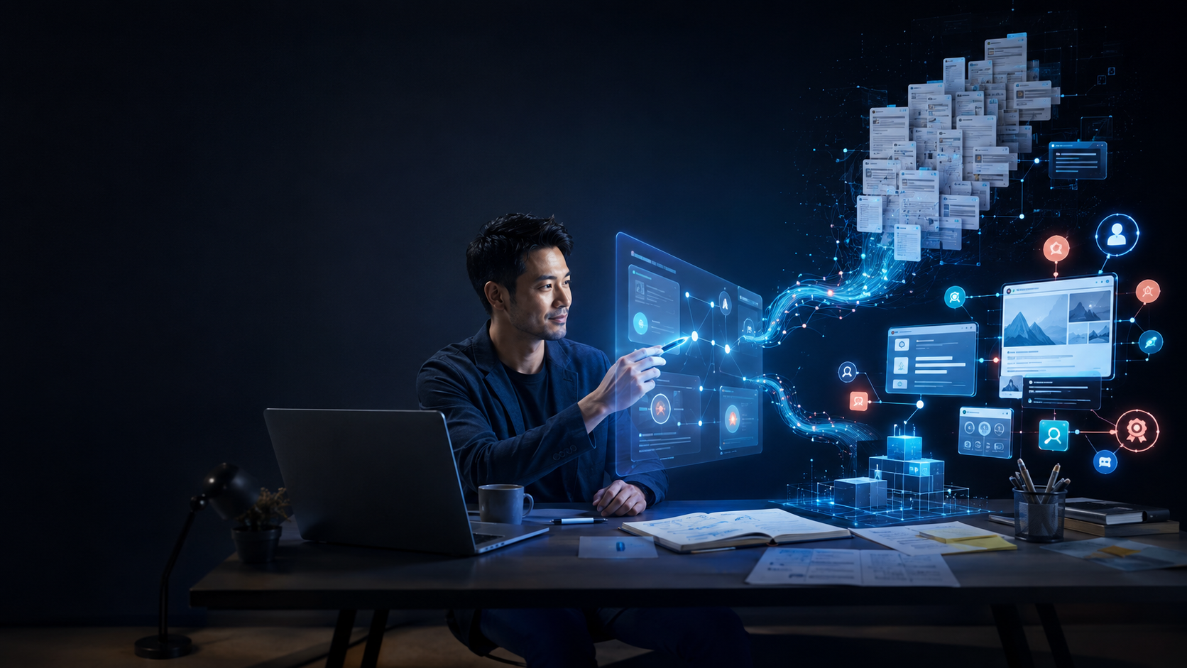 Editorial illustration of a business operator using AI and research to improve a website's organic growth