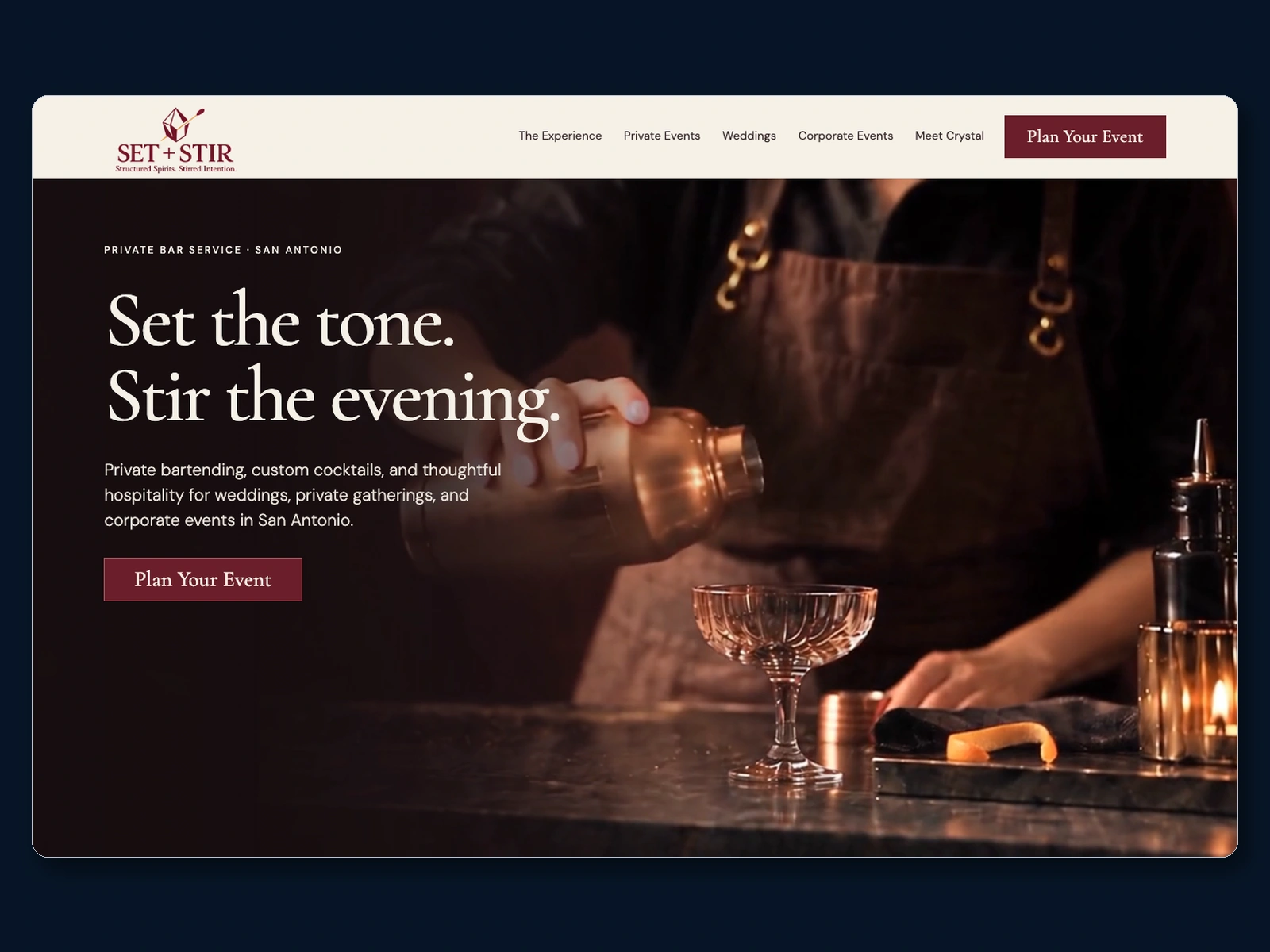 SET + STIR desktop website with premium hospitality branding and event inquiry call to action.