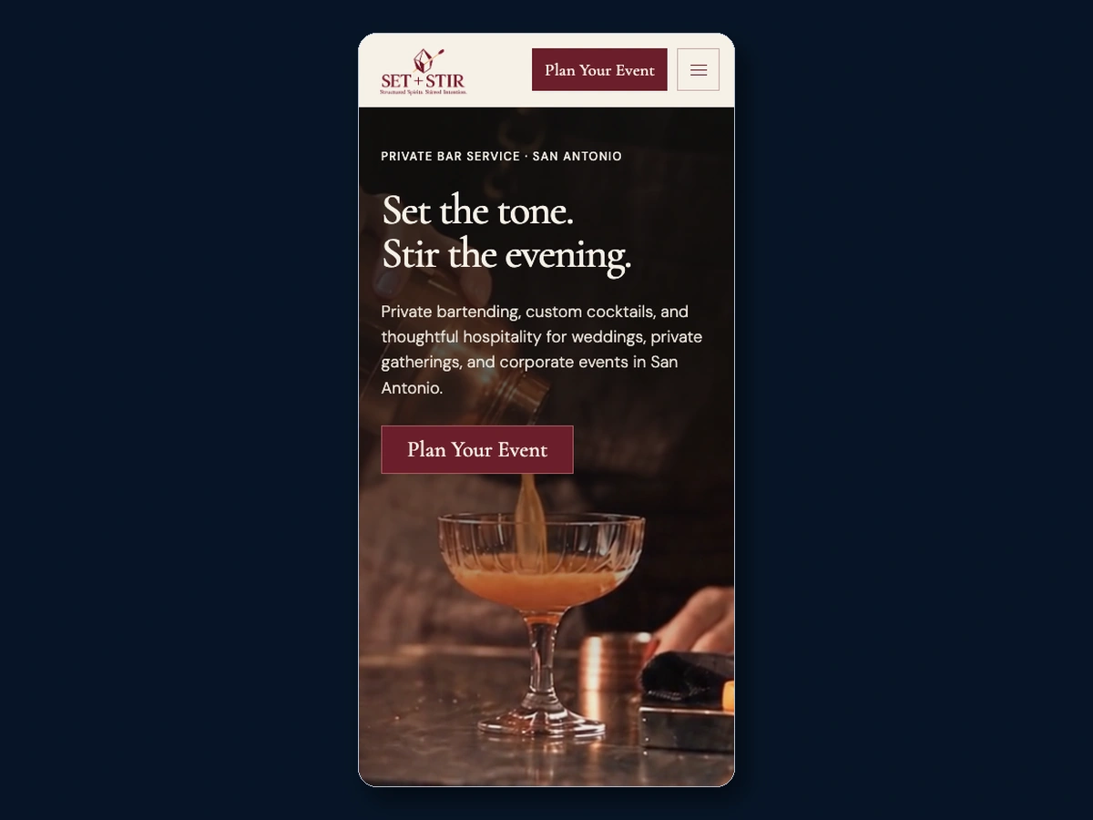 SET + STIR homepage mobile presentation with the real narrow header, SET + STIR wordmark, stacked hero, cocktail photograph, and Plan Your Event button.
